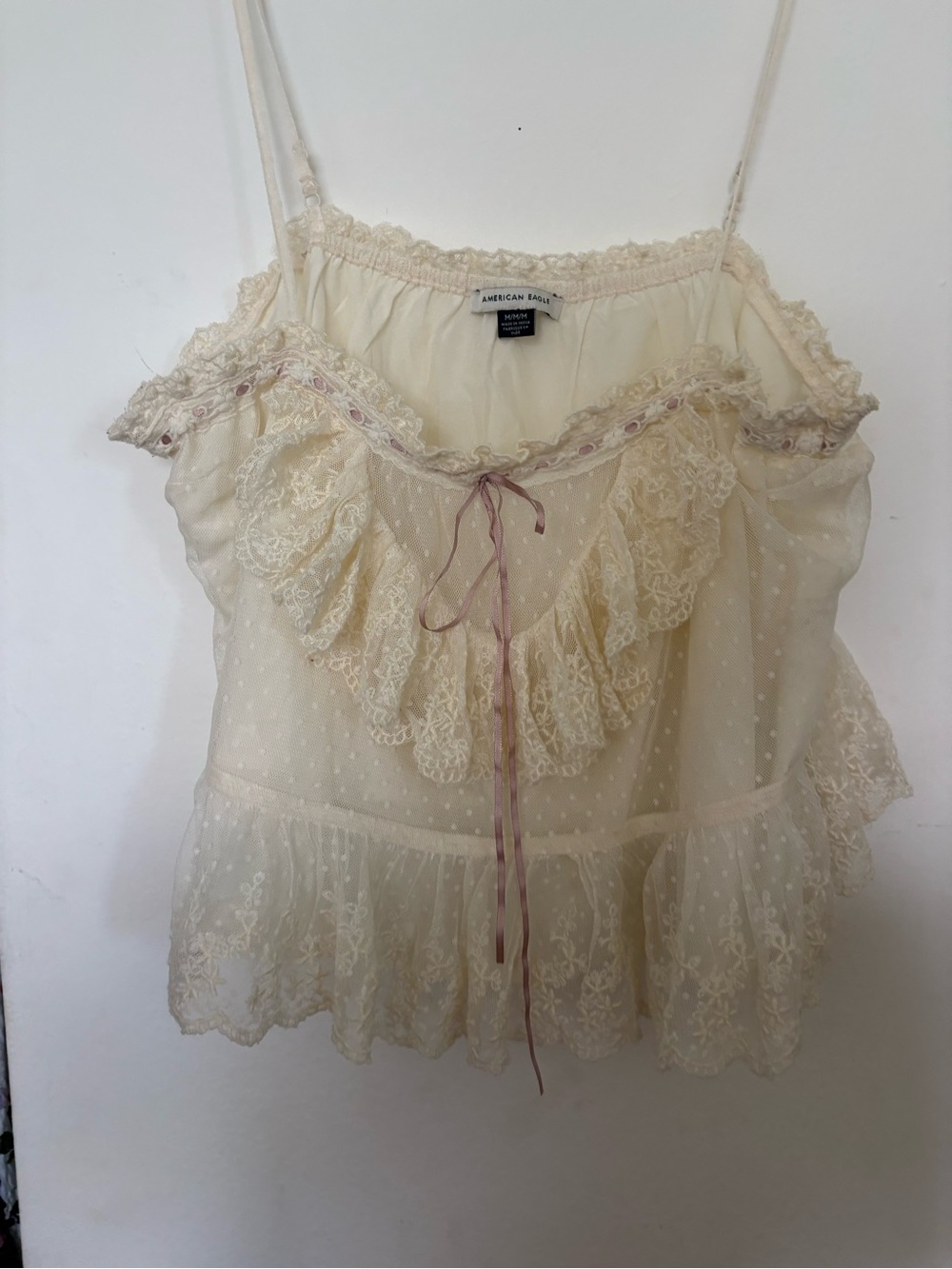 American Eagle Outfitters Cream Lace Ruffle Camisole with Pink Bow